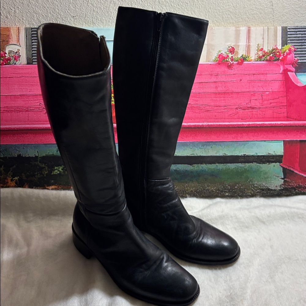 Leonardo Principi Tall Leather Zip Boot Black Sz 36 Leather Lined Low Heel